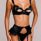 Fire-delt damesett med thigh bands - MYSTIQUE Svart